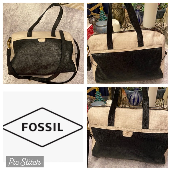 Fossil Handbags - Fossil 1954 Two Toned Black & Ivory Crossbody Leather Satchel